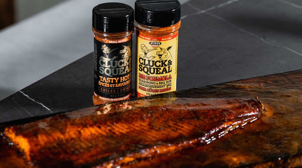 Cluck & Squeal Maple Bourbon Glazed Trout with Cluck & Squeal Rib Formula and Tasty Hot