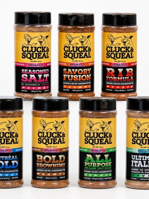 Cluck & Squeal all-natural BBQ rubs and seasonings, gluten-free, no MSG, featuring Savory Fusion, Rib Formula, and Montreal Gold