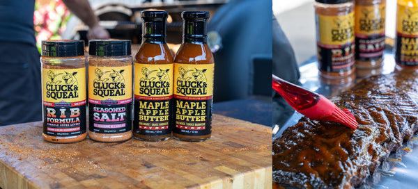 Cluck & Squeal BBQ rubs and sauces on wooden board, brushing maple apple butter on ribs