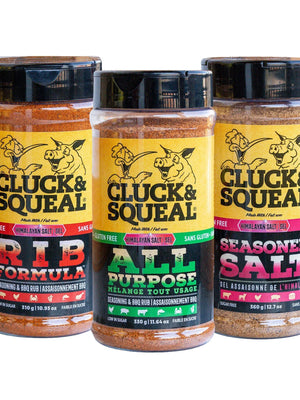 Cluck & Squeal all-purpose, rib formula, and seasoned salt BBQ rubs — gluten-free, low sugar, Himalayan salt