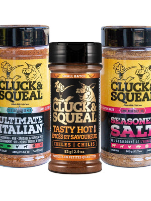Cluck & Squeal seasoning trio: Ultimate Italian, Tasty Hot chili rub, and Himalayan Seasoned Salt — all-natural, gluten-free, sugar-free.