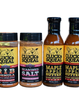 Cluck & Squeal Rib Formula rub, Seasoned Salt, and Maple Apple Butter BBQ sauce bottles, gluten-free, all-natural seasonings.