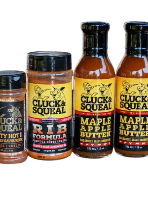 Cluck & Squeal Tasty Hot seasoning, Rib Formula rub, and Maple Apple Butter BBQ sauce bottles
